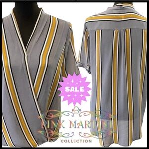 🌞Pink Martini Grey/White/Gold Stripe Short Sleeve Wrap Top (S)